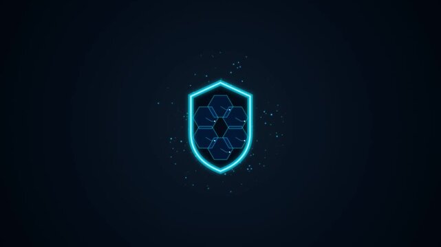 Glowing blue cybersecurity shield icon animation with digital hexagon pattern on dark background motion footage