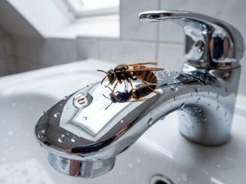Hornet on chrome faucet in bathroom sink with water droplets and reflection