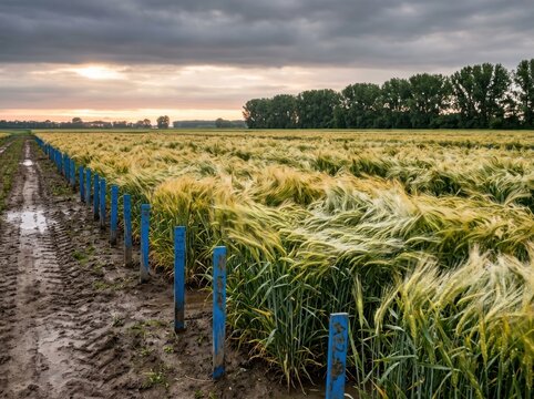 Barley Field Flattened by Wind at Sunset Beside a Muddy Farm Track
