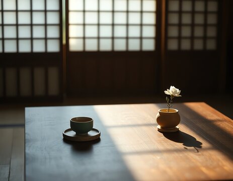静かな和室の座卓に佇む茶道具と繊細なフィルムテクスチャ