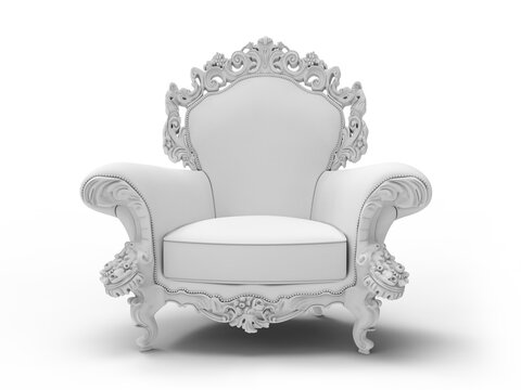 Luxurious Ornate White Armchair Throne With Baroque Carved Details And Plush Upholstery