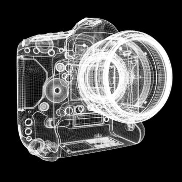 Wireframe DSLR Camera Blueprint With Lens Rendered Technical Illustration in White on Black Background