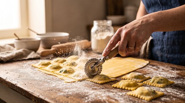 Person cutting fresh homemade pasta dough with a round wheel cutter