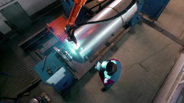 Automated Welding Robot and Worker Fabricate Inox Boiler