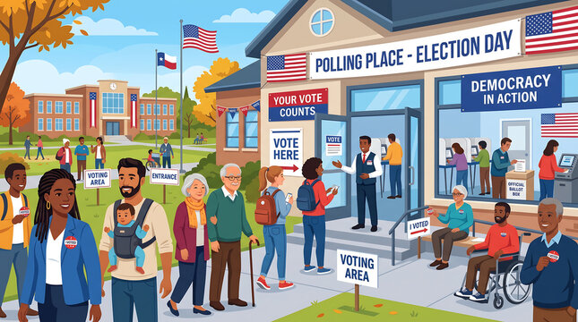 Diverse Group of Citizens Participating in Democratic Election Process at a Local Community Polling Place Facility
