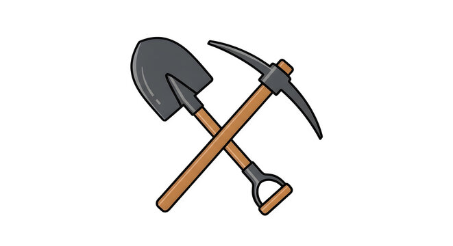 Crossed pickaxe and shovel mining tools isolated on transparent background