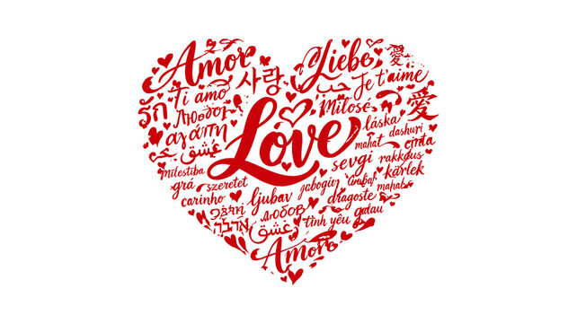 Multilingual love heart typography collage, red international romance text design, global affection words graphic concept, Valentine greeting card element