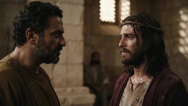 King Herod Interrogates Jesus Christ During His Trial in Jerusalem Symbolizing Judgment Power Prophecy Silence Suffering Faith and the Sacred Christian Passion Before Crucifixion During Holy Week