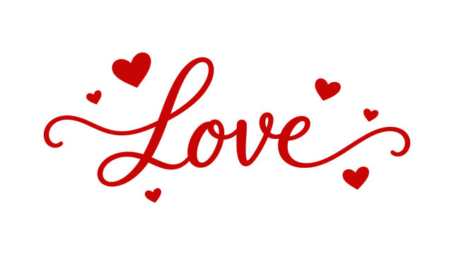 Red Love Calligraphy Typography, Romantic Heart Swirl Vector Graphic, Valentine Day Lettering Design