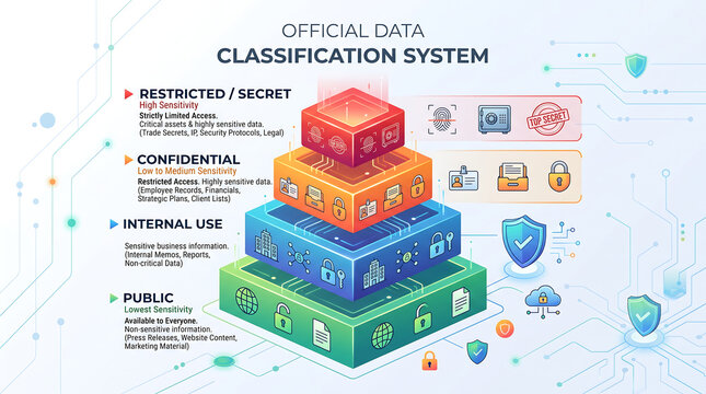 Data Classification Pyramid Infographic Showing Information Sensitivity Levels and Cybersecurity Security Protocols