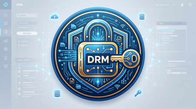 Digital Rights Management Icon Featuring a Secured Circuit Padlock Concept Representing Online Content Security