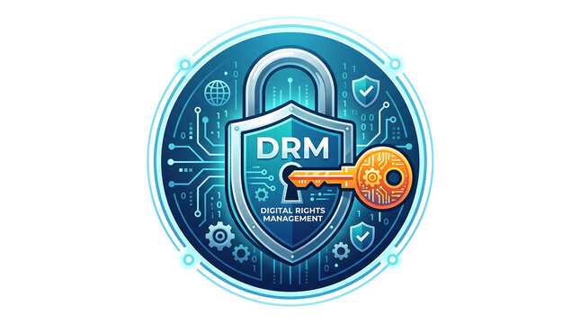 Digital Rights Management Icon Featuring A Secure Shield And Unlock Key For Cyber Security And Intellectual Property
