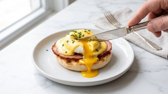 Delicious eggs benedict with hollandaise sauce on a plate
