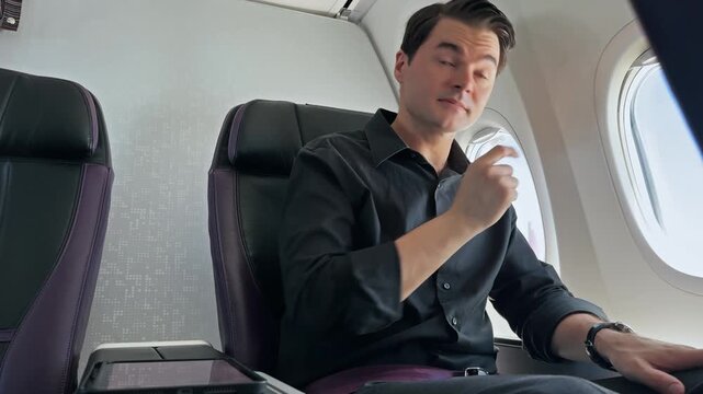 Businessman Points Window View During Plane Flight Discussion