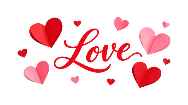 Valentine love typography calligraphy banner, red and pink paper hearts background, romantic greeting card banner