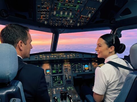 Aviator Crew in Jetliner Cockpit at Sunset Over Clouds