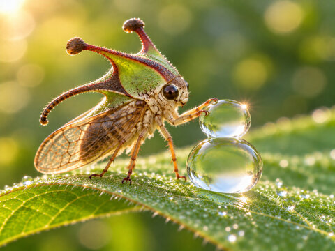 Whimsical Treehopper Balancing Water Droplets on a Dewy Leaf