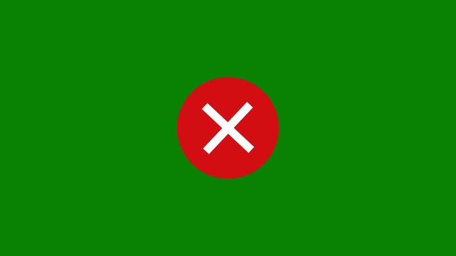 Animated cross error icon inside a red circle shape on chroma key green screen background 4K