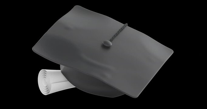 Graduation cap with diploma rotation animation seamlessly loopable. 3D rendering isolated on transparent background