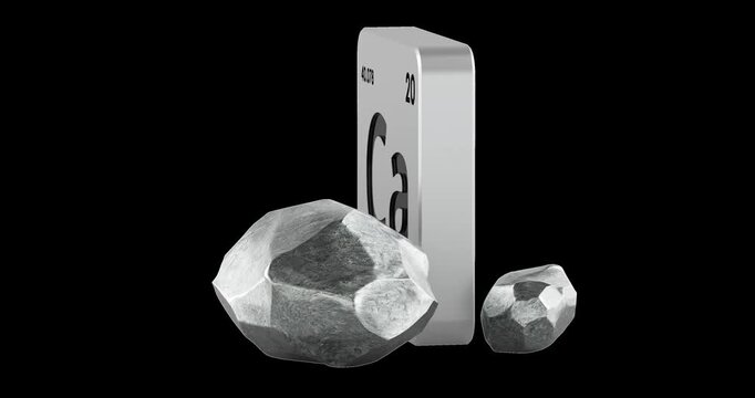 Calcium chemical element with Ca metal samples rotation animation seamlessly loopable. 3D rendering isolated on transparent background