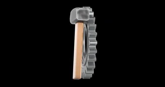 Gear and hammer rotation animation seamlessly loopable. 3D rendering isolated on transparent background