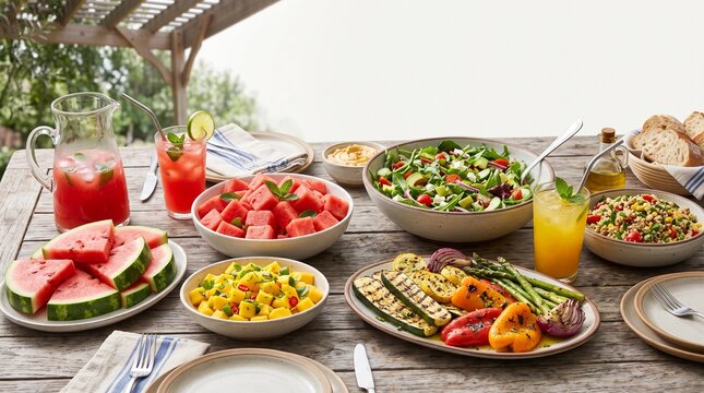 A vibrant summer lunch spread featuring fresh watermelon, grilled vegetables, and cold drinks