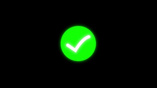 Glowing green circle with white checkmark success symbol with transparent alpha channel 4K