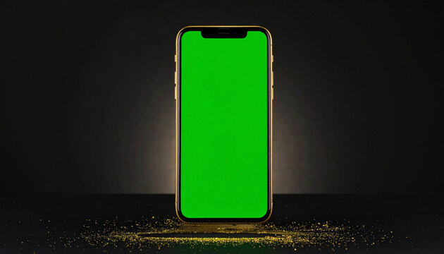 Golden Smartphone with Green Screen Displayed on Dark Surface with Glittering Gold Dust