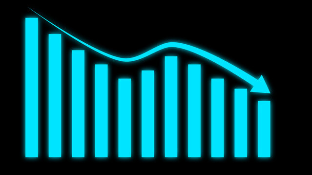 Glowing Blue Bar Chart Showing Downward Trend on Black Background graph decline