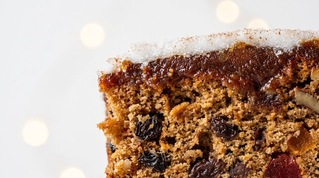 A close up view of a rich fruit cake slice with a sugary glaze and festive bokeh background