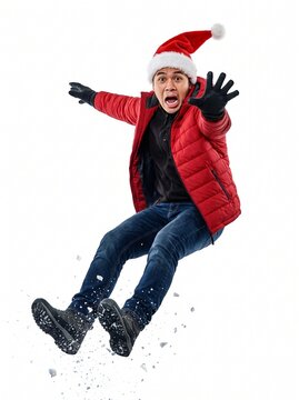 Man in Santa hat slipping on ice in winter, surprised fall