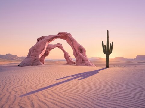 Desert Arch at Sunset with Cactus and Pink Sand Dunes