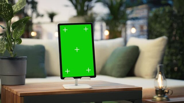 Close up of a green screen tablet on a rooftop table with leafy plants and sofas behind, providing a chroma key mockup in an outdoor workspace.
