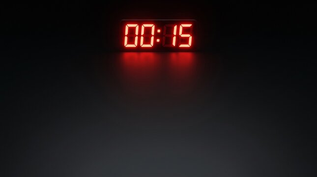 Digital Clock Displaying Fifteen Seconds With Red Neon Glow Against Dark Background