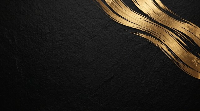 Elegant black textured background with abstract golden brush strokes flowing diagonally across the upper right corner