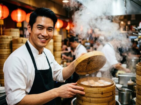 Dim sum chef serving steamed dumplings in a busy restaurant kitchen