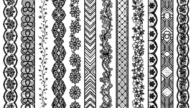 Black lace border patterns set with simple line art design featuring simple design, minimalist, black and white with illustrations and graphics