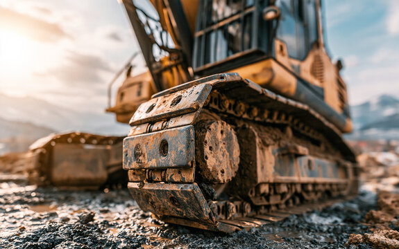 Close up of heavy excavator metal tracks on muddy ground. Yellow crawler machine tread works on construction site. Industrial digging equipment rests on dirt surface under bright sky