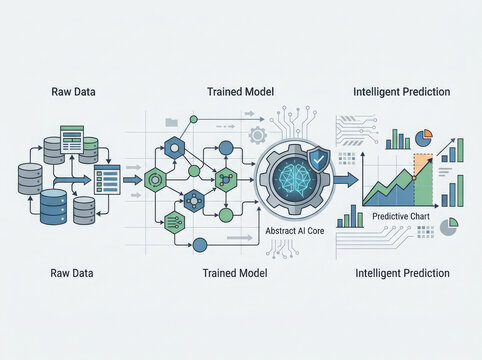 Flat vector illustration of machine learning data processing pipeline with predictive chart analysis