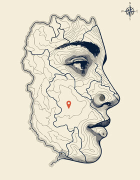 Topographic Map Profile of a Human Face with a Location Pin
