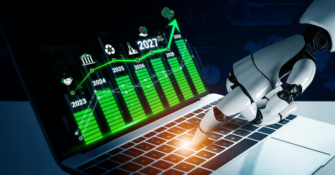 Robotic Hand Using Pen on Laptop Keyboard with Rising Graphs Representing Growth and Progress in Technology and Data Analysis Sigmoid