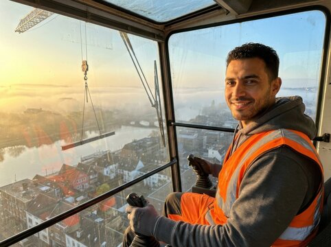 Crane Operator at Sunrise Over City Construction Site