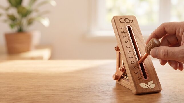 Wooden CO2 gauge meter with sliding lever for carbon footprint measurement, hand adjusting carbon emissions levels on wooden table