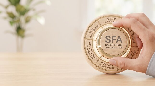 Sales force automation SFA wooden dial concept, corporate business process wheel held by hand, CRM workflow management diagram