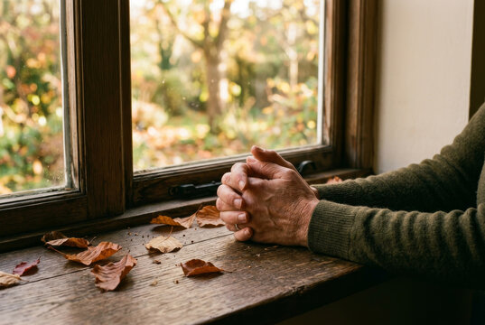 Hands rest together in a quiet moment of prayer on a wooden windowsill as soft golden autumn light falls across the scene, a tasteful, non-denominational image of everyday faith and reflection.
