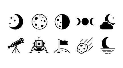 Black moon and space exploration icon set on white background. © Dian