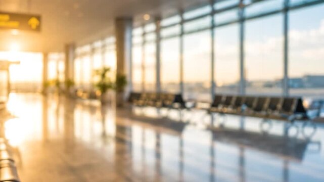 blurred empty airport terminal waiting area with rows of black seats and warm golden sunlight through large windows