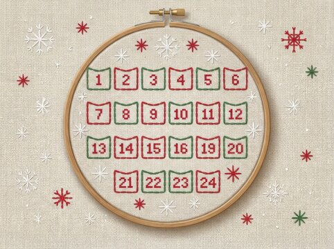 Advent calendar embroidery hoop with festive numbered Christmas design