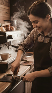 Young woman of mixed ethnicity operating espresso machine in coffee shop, steaming milk for latte preparation, wearing checkered shirt and apron, professional barista at work