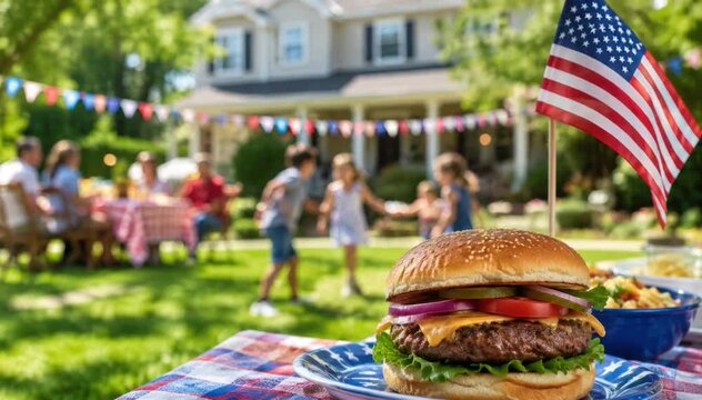 Close up cheeseburger on a picnic table with an American flag, while a family gathers in a sunny backyard with barbecue food, red checkered tablecloth and festive decorations nearby